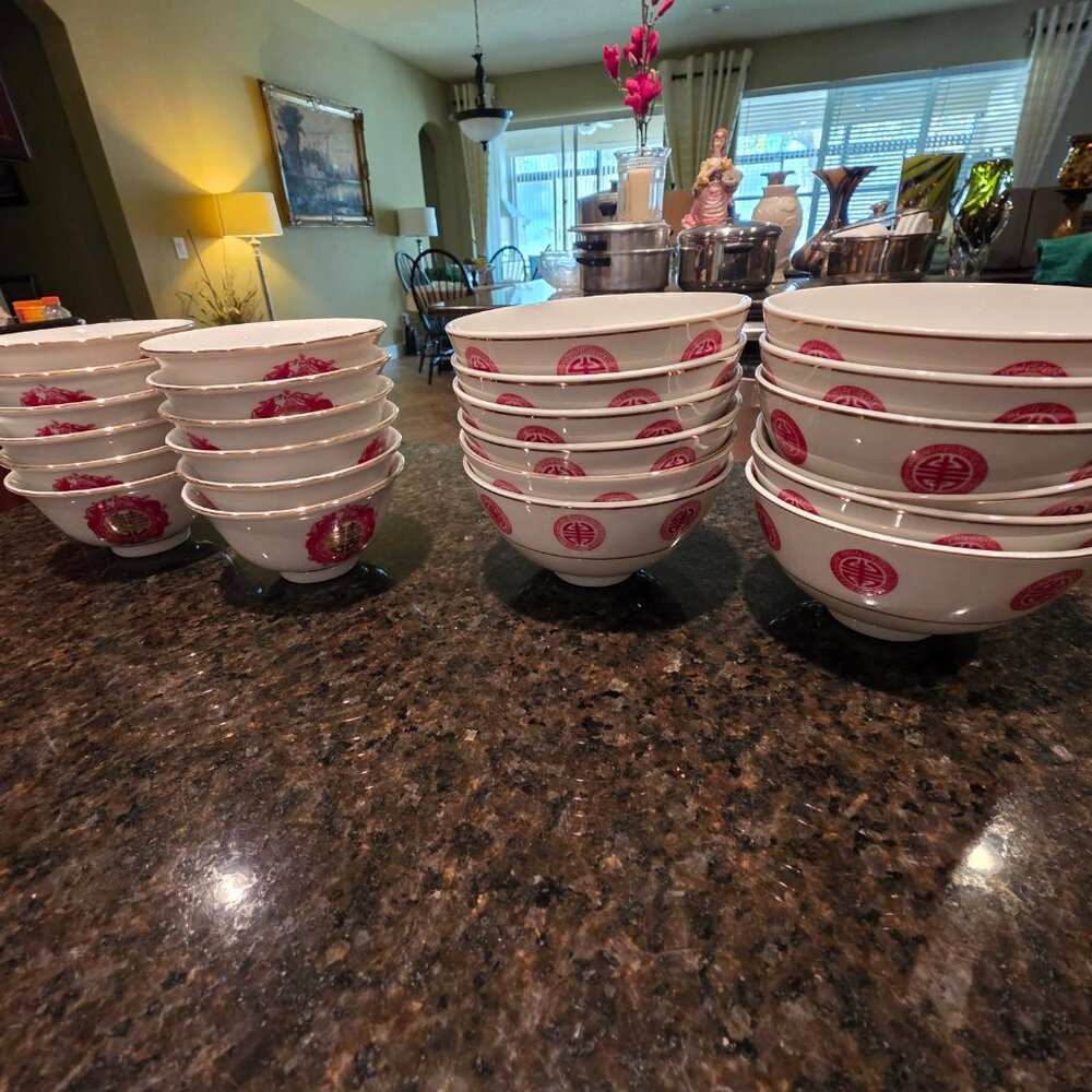 24 Pcs Chinese Happiness Logo Rice Bowl & Tea Cups